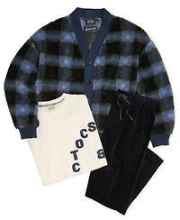 Scotch Soda Mens 3 Piece V Neck Cardigan Sweater With Loose Fit Applique T Shirt Paired With Loose Tapered Corduroy Joggers