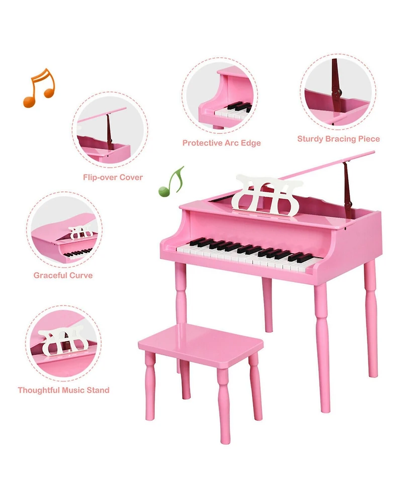 Sugift Pink 30-Key Wood Toy Kids Grand Piano with Bench and Music Rack