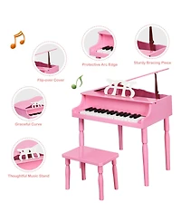 Sugift Pink 30-Key Wood Toy Kids Grand Piano with Bench and Music Rack