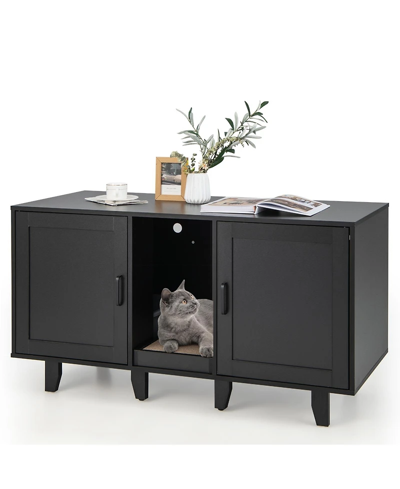 Sugift 2-Door Cat Litter Box Enclosure with Winding Entry and Scratching Board