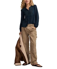 Lucky Brand Women's Embroidered Bib Peasant Top