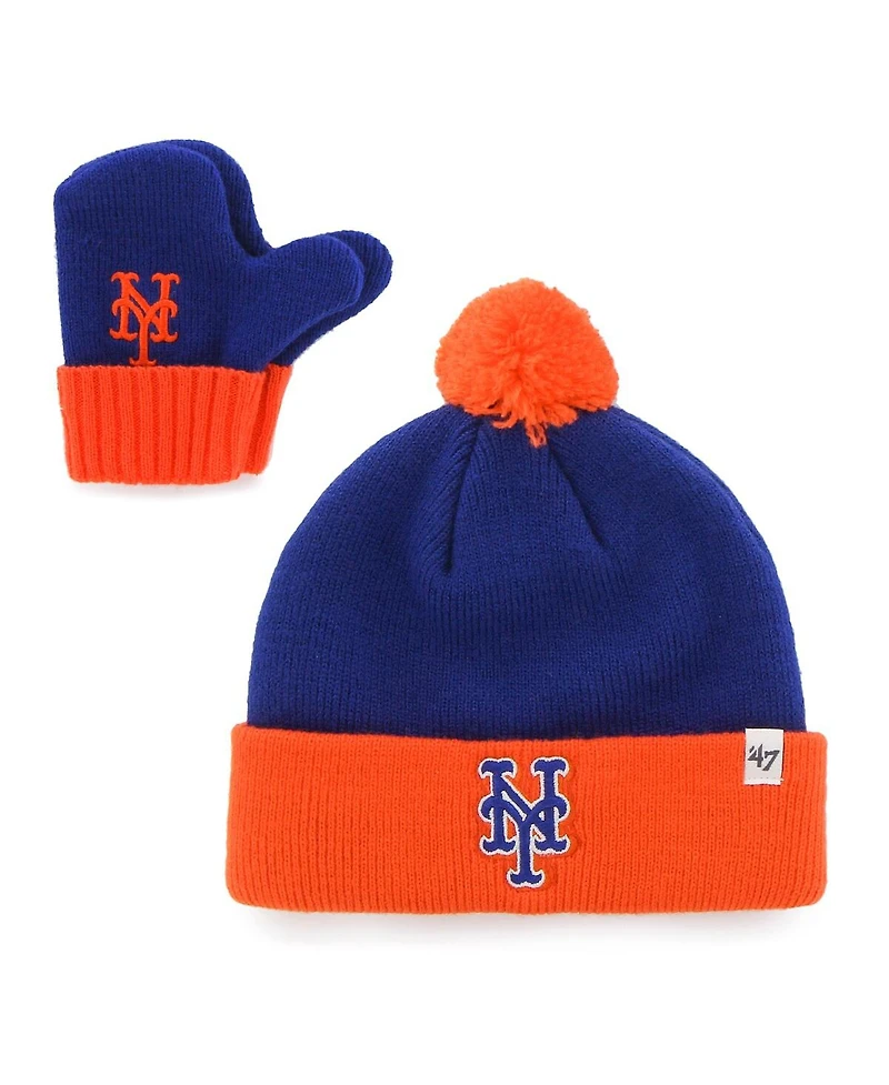 '47 Brand Toddler Royal New York Mets Bam Cuffed Knit with Pom Mittens Hat Set