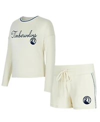 Concepts Sport Women's 2-Piece Cream Minnesota Timberwolves Kaki Hacci Knit Long Sleeve Top and Shorts Set