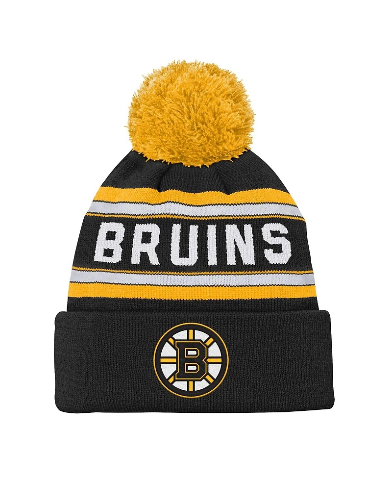 Outerstuff Big Boys and Girls Black Boston Bruins Jacquard Cuffed Knit with Pom Hat
