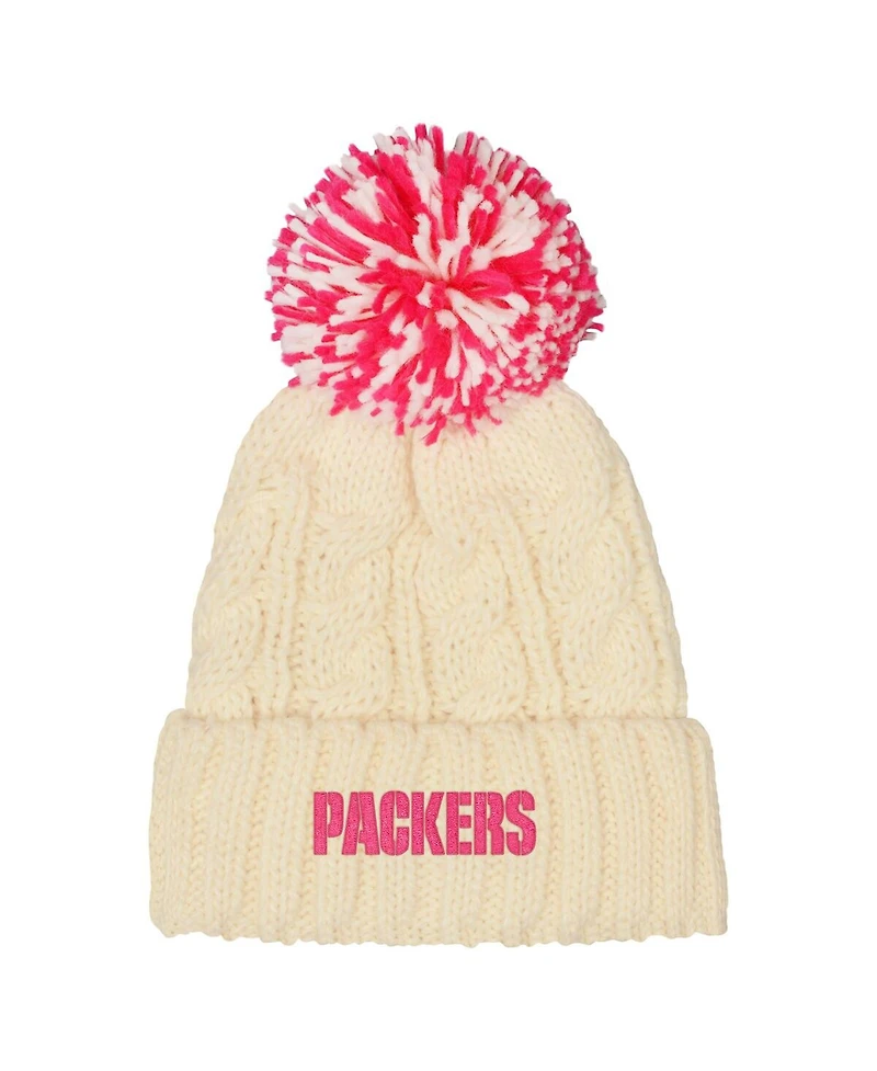 Outerstuff Girls White Green Bay Packers Cable Cuffed Knit with Pom Hat
