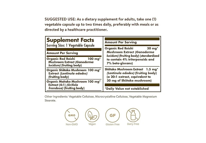 Solgar Reishi Shiitake Maitake Mushroom Extract Vegetable Capsules ,50 V Caps