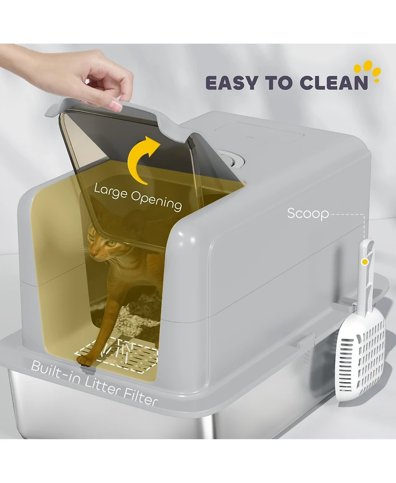 PawHut 2 in 1 Stainless Steel Cat Litter Box with Removable Lid,