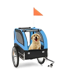 Sugift Dog Bike Trailer Foldable Pet Cart with 3 Entrances for Travel-Blue