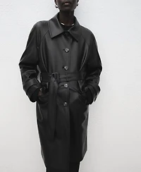 Mango Women's Long Leather-Effect Belted Trench Coat