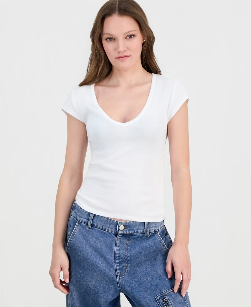 Derek Heart Juniors' V-Neck Cap-Sleeve Cotton T-Shirt