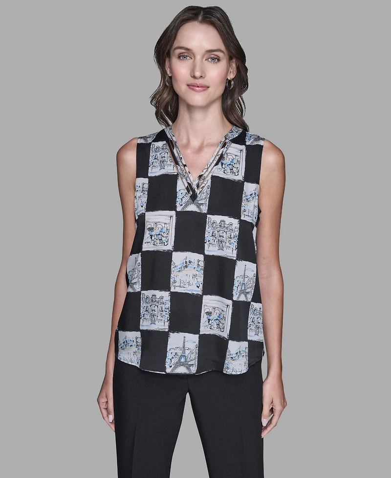 Karl Lagerfeld Paris Women's Sleeveless Printed V-Neck Top