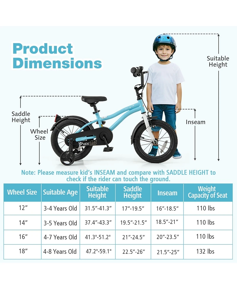 Sugift 14-Inch Kids Bike for 3-5 Years Old Children Bicycle with Training Wheels
