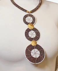Mukiri Handcrafted African Beaded Necklace for Women – Kenyan Jewelry with Brass Shilling Accents, 3-Disc Tribal Design