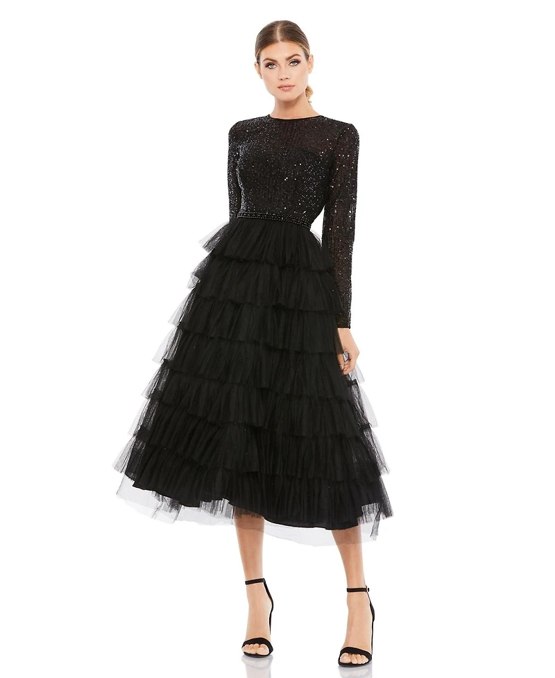 Mac Duggal Women's Sequined Layered Tulle A-Line Cocktail Dress
