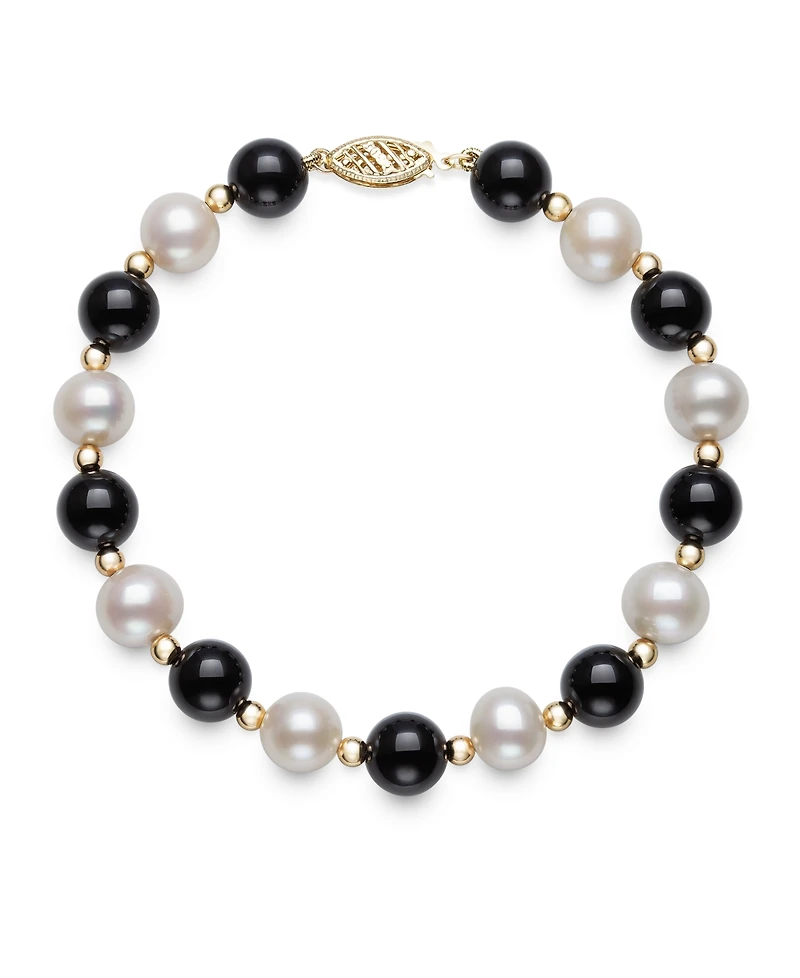 Macy's Freshwater Pearl (7.5-8.5mm), Black Onyx and Gold Bead Bracelet in 10k Yellow Gold