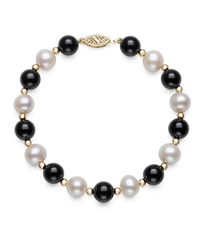 Macy's Freshwater Pearl (7.5-8.5mm), Black Onyx and Gold Bead Bracelet in 10k Yellow Gold