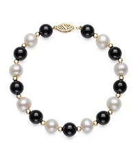 Macy's Freshwater Pearl (7.5-8.5mm), Black Onyx and Gold Bead Bracelet in 10k Yellow Gold