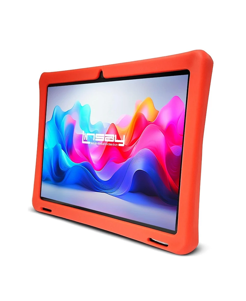 New Linsay 10.1" Kids Funny Tablet Octa Core 128GB Bundle with Red Kids Back Pack New Android 14 Dual Camera