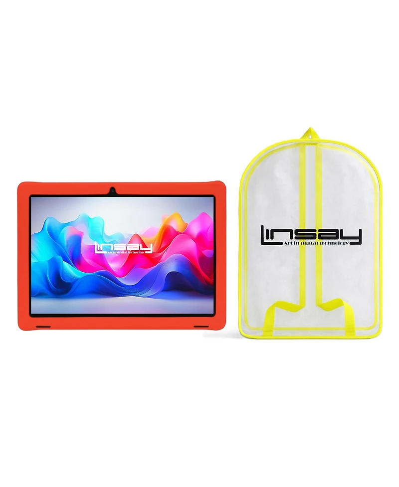 New Linsay 10.1" Kids Funny Tablet Octa Core 128GB Bundle with Red Kids Back Pack New Android 14 Dual Camera