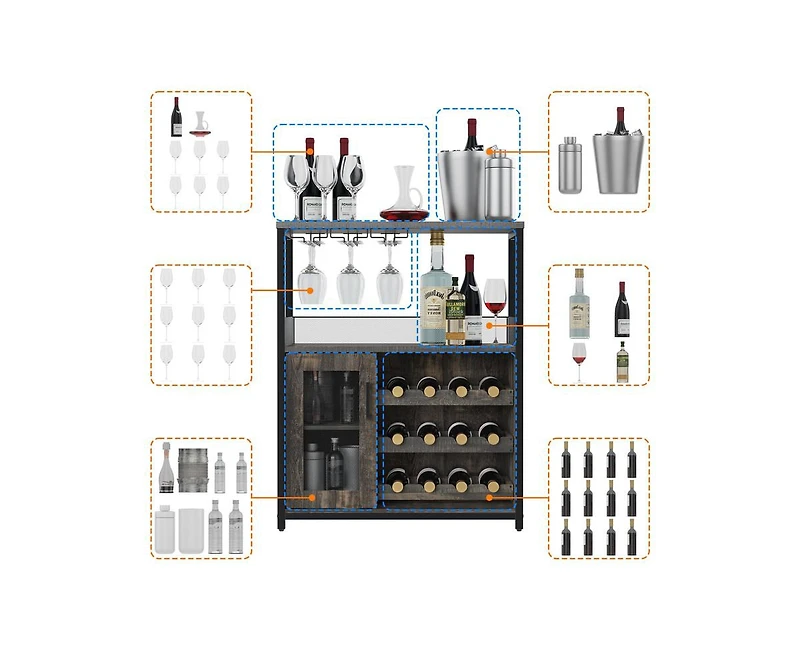 gaomon Wine Bar Cabinet with Detachable Wine Rack, Bar Rack Cabinet with Glass Holder and 1 Drawer, Mesh Door, Small Sideboard and Buffet Cabinet for