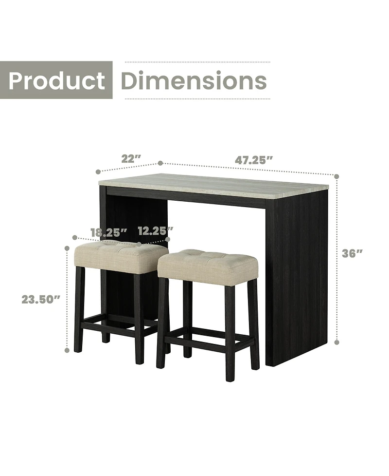 3-Piece Black Wood Counter-Height Dining Set with Biscuit-Tufted Backless Stools (Seats 2)