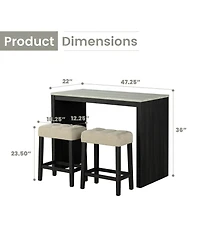 3-Piece Black Wood Counter-Height Dining Set with Biscuit-Tufted Backless Stools (Seats 2)