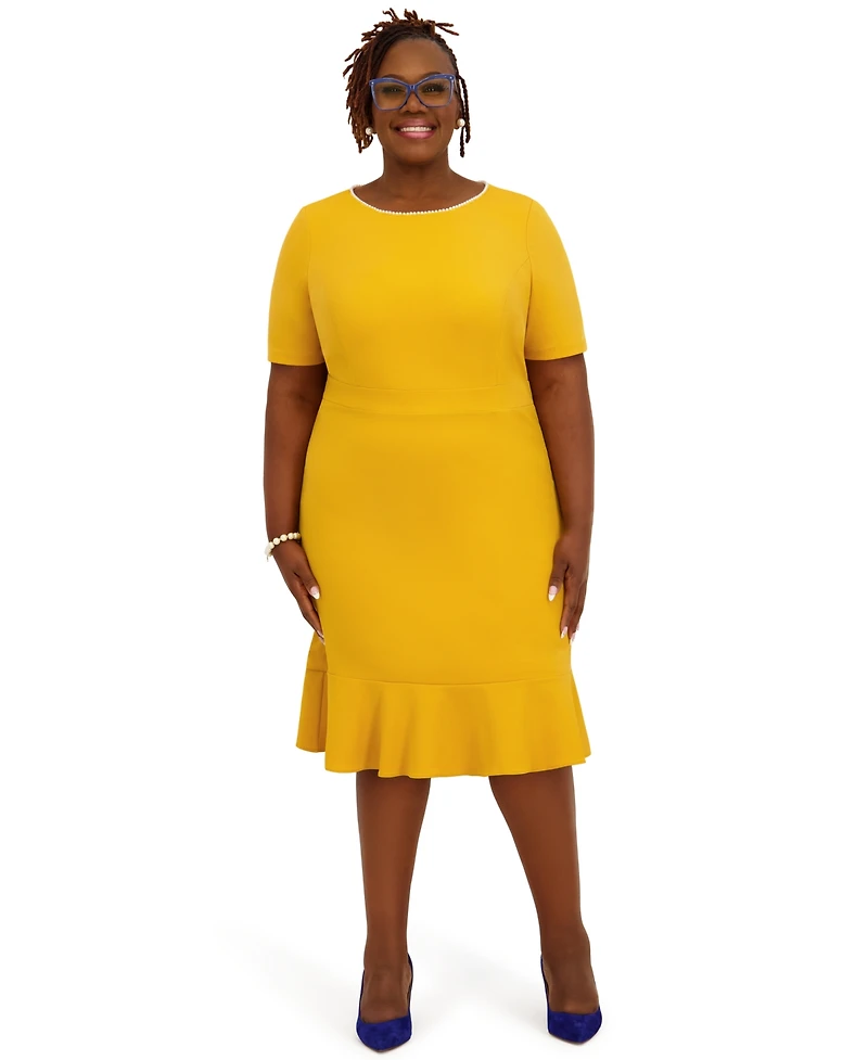 Kasper Women's Round Neck Knee Length Ruffle Skirt Dress, Regular and Plus