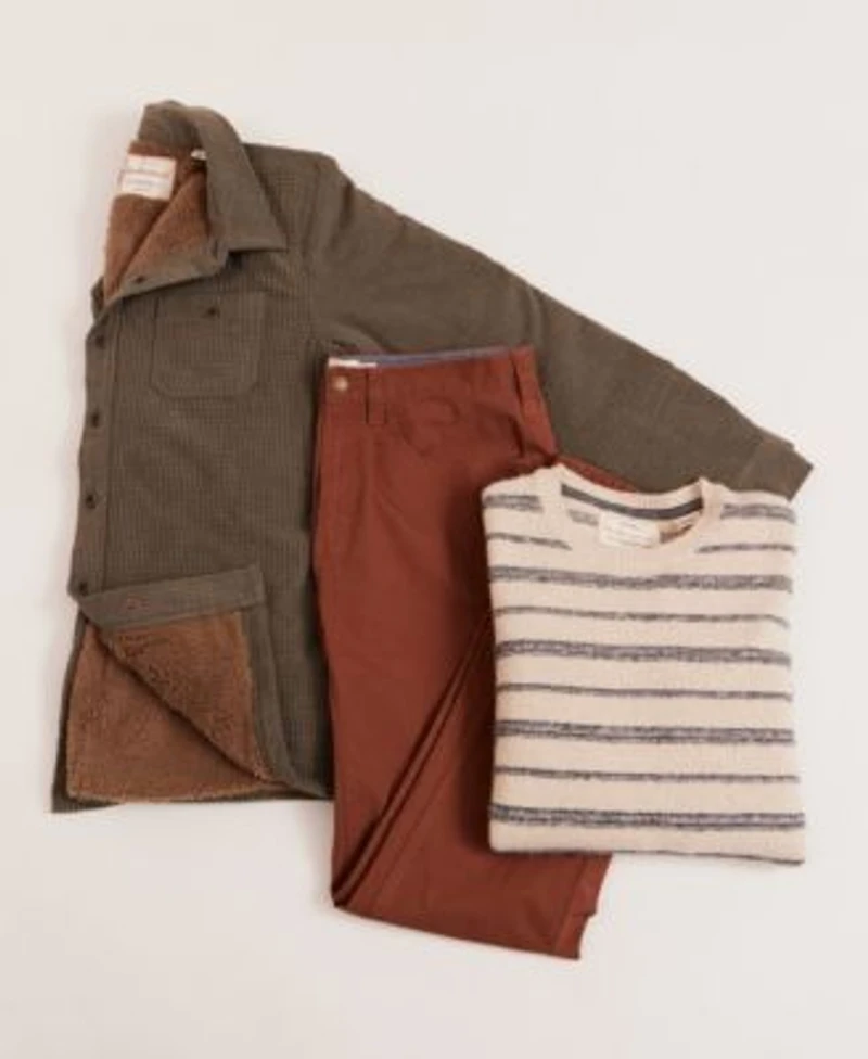 Weatherproof Vintage Mens Grid Collared Shirt Jacket Fuzzy Striped Crewneck Sweater Straight Fit Stretch Ribstop Pants