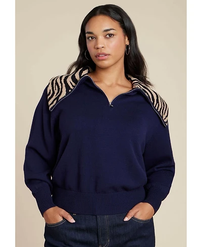 Eloquii Women's Sweater With Animal Print Collar