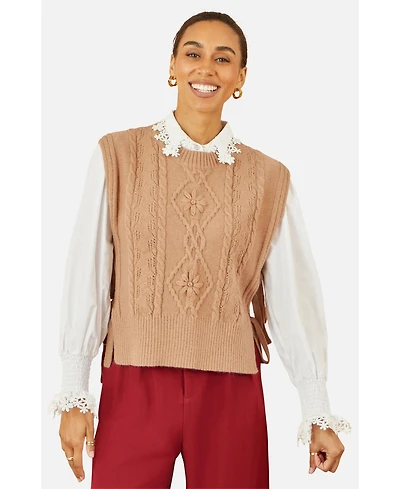 Yumi Women's Floral Cable Knit Side Tie Pullover