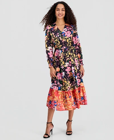 T Tahari Women's Mixed Floral-Print Tiered Fit & Flare Dress