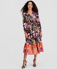 T Tahari Women's Mixed Floral-Print Tiered Fit & Flare Dress