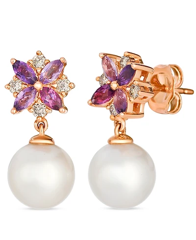 Le Vian Freshwater Pearl (8-9mm), Amethyst (0.12 ct. t.w.), Rhodolite (0.18 ct. t.w.), & Diamond (0.20 ct. t.w.) Earrings in 14k Strawberry Gold