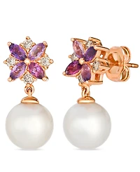 Le Vian Freshwater Pearl (8-9mm), Amethyst (0.12 ct. t.w.), Rhodolite (0.18 ct. t.w.), & Diamond (0.20 ct. t.w.) Earrings in 14k Strawberry Gold