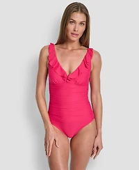 Dkny Ruffle Plunge Underwire Tummy Control One-Piece Swimsuit, Created for Macy's