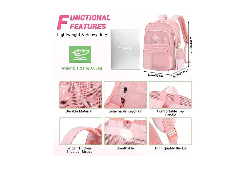 Mesh Backpack Heavy Duty, See Through School Backpack Transparent Bookbag for Swimming, Beach, Sports, Work, Travel