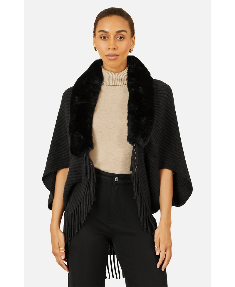 Yumi Women's Fur Collar Shrug With Tassel Hem
