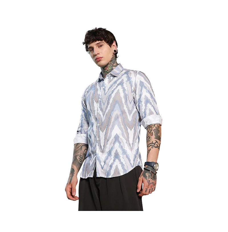 Campus Sutra Men's Icy Blue:Cream White Pastel-Geometric Jacquard Shirt