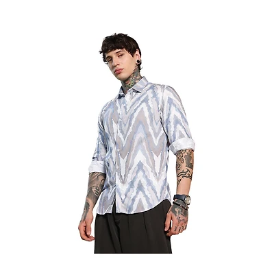 Campus Sutra Men's Icy Blue:Cream White Pastel-Geometric Jacquard Shirt