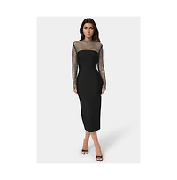 Bebe Women's Long Sleeve Midi Dress With Crystal Mesh Combo