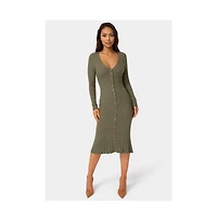 Bebe Womens Button Front V-Neck Sweater Midi Dress