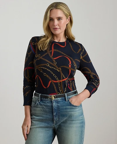 Lauren Ralph Plus Belting-Print Long-Sleeve Sweater