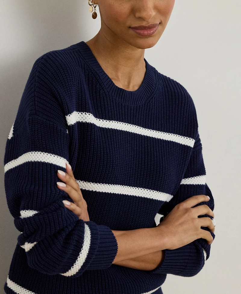 Lauren Ralph Women's Striped Rib-Knit Cotton Crewneck Sweater