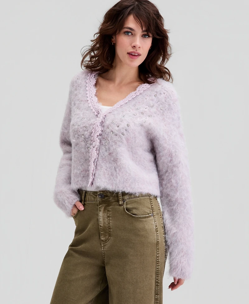 And Now This Women's Fuzzy Rhinestone-Embellished Cardigan, Macy's Exclusive