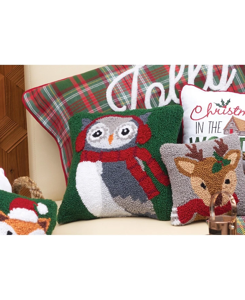 C&F Home 18" x18" Winter Owl Wearing Ear Muff and Scarf on Green Background Cotton Hooked Pillow Accent Throw Pillow