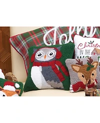 C&F Home 18" x18" Winter Owl Wearing Ear Muff and Scarf on Green Background Cotton Hooked Pillow Accent Throw Pillow