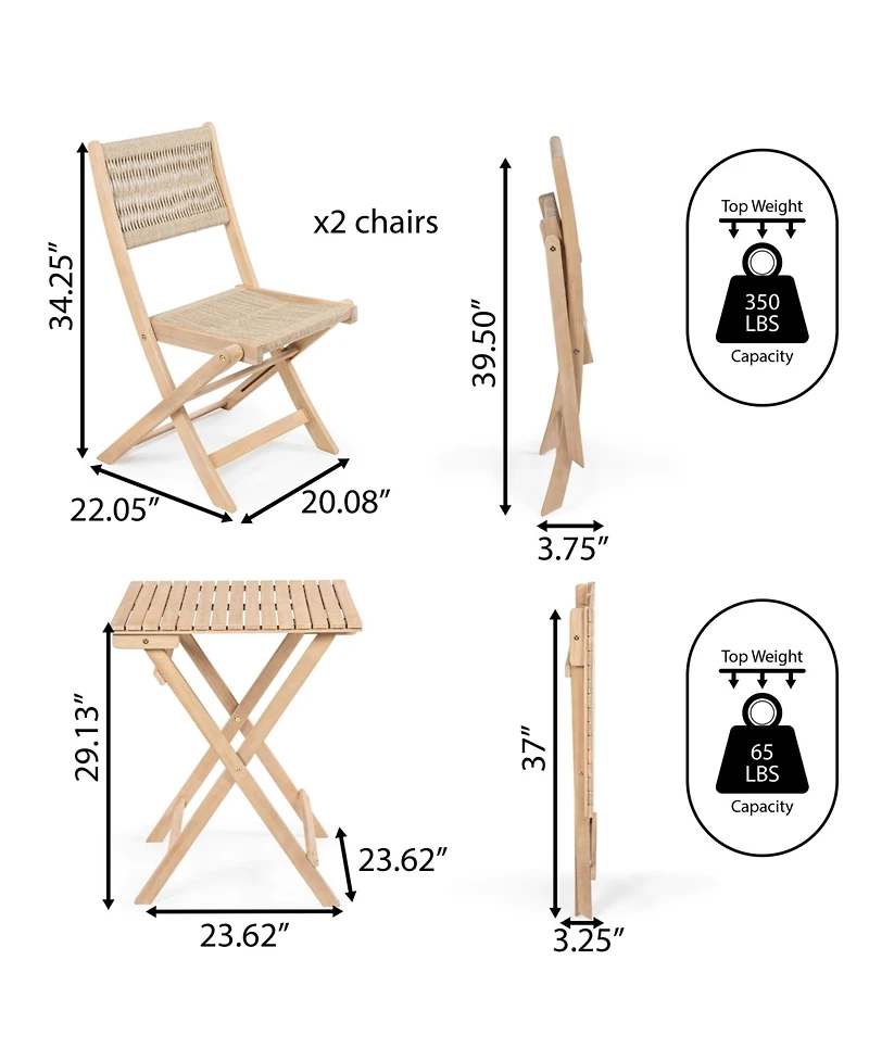 Jonathan Y Javea Modern Coastal 3-Piece Acacia Wood Outdoor Folding Bistro Set