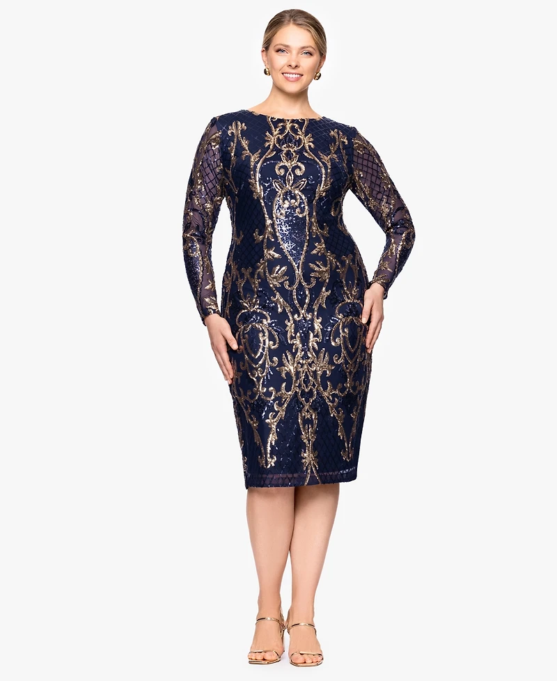 B&A By Betsy and Adam Plus Size Sequin Long-Sleeve Midi Dress