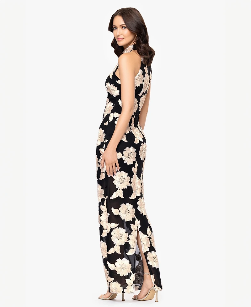 Betsy & Adam Petite 3D Embroidered Flower Sleeveless Long Dress