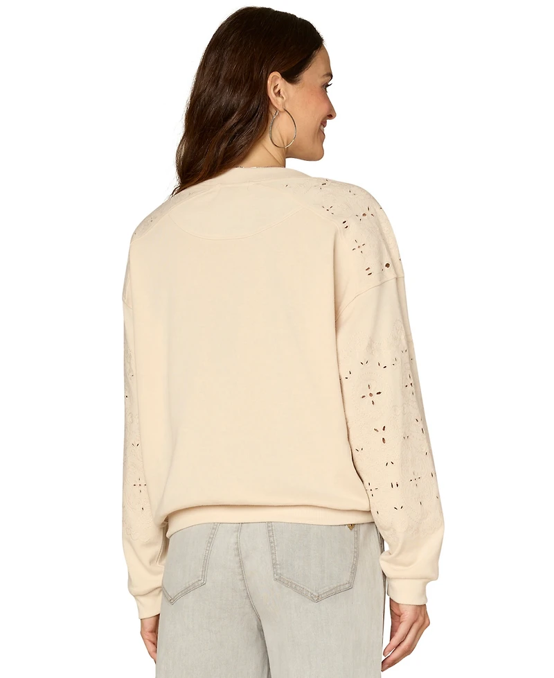 Democracy Petite V-Neck Die-Cut Embroidered Sweatshirt